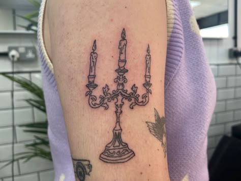 Jenna Allard Tattoo, Dainty Traditional Tattoos, 2023 Piercings, Candelabra Tattoo, Candlestick Tattoo, Pixel Tattoo, Tattoo Prints, Cowgirl Tattoos, Candle Tattoo