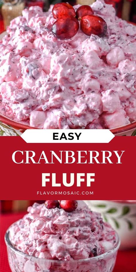 This Cranberry Fluff Recipe is a cranberry Watergate dessert salad with fresh cranberries, mini marshmallows, and cool whip, all mixed together in a food processor. Easy peasy! Make it ahead so it can be on your holiday table with no fuss. See FlavorMosaic.com for this and more Fluff recipes. Creamy Christmas Salad, Christmas Fluff Salad, Cranberry Fluff Recipe, Cranberry Fluff Salad, Fresh Cranberry Salad, Cranberry Desserts, Fluff Recipes, Holiday Deserts, Cranberry Jello Salad