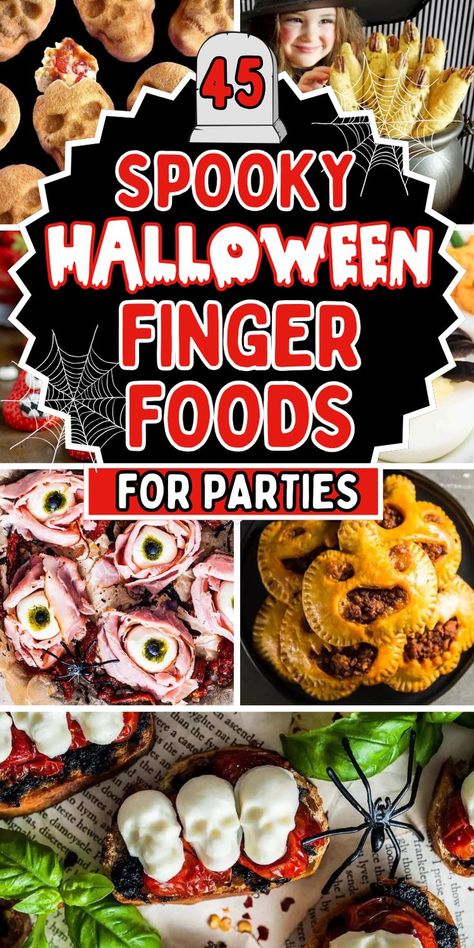 Quick and easy Halloween finger foods for parties, including spooky appetizer recipes and cute Halloween party treats for potlucks and movie nights. Snacks For Potluck, Finger Foods Halloween, Easy Halloween Finger Foods, Appetizer Recipes Easy Finger Foods, Halloween Finger Foods For Parties, Halloween Party Finger Foods, Cute Halloween Desserts, Halloween Food Hacks, Finger Foods Appetizer Recipes