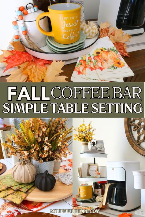 FALL COFFEE BAR IDEAS KITCHEN AND TABLE DECOR - sharing how to create a Fall coffee bar and simple place setting for the Fall in your kitchen. This post includes a video on how I decorated our space using a fall runner and centerpiece. #fallcoffeebar #falldecor #fallcoffee #falltcenterpiece Fall Coffee Bar Ideas, Coffee Bar Ideas Kitchen, Fall Coffee Bar, Fall Runner, Easy Table, Coffee Bar Ideas, Simple Table Settings, Fall Kitchen Decor, Table Place Settings