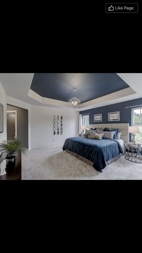 Navy Bedroom Ceiling, Navy Blue Tray Ceiling, Navy Blue Walls And Ceiling, Blue Tray Ceiling, Navy Blue Ceiling Bedroom, Dark Tray Ceiling Bedroom, Tray Ceiling Paint Ideas Bedroom Master Suite, Tre Ceiling Paint Ideas, Bedroom Cream Carpet