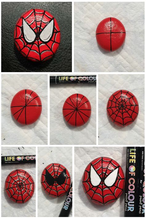 15+ Very easy rock painting tutorials, beginners to advanced - Life of Colour Mm Painted Rocks, Painted Rocks Spiderman, Paint Pen Rock Art, Mm Rock Painting, Spider Man Painted Rocks, Thing To Paint On Rocks, Rock Painting Spiderman, Dog Painted Rocks Easy, Red Rock Painting