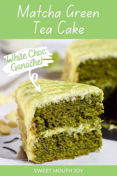 Easy matcha green tea cake slice with white chocolate ganache White Chocolate Cake Recipe, White Chocolate Matcha, Matcha Dessert Recipes, Creamy Dessert Recipes, Matcha Green Tea Recipes, Matcha White Chocolate, Green Tea Cake, Matcha Dessert, Matcha Cake