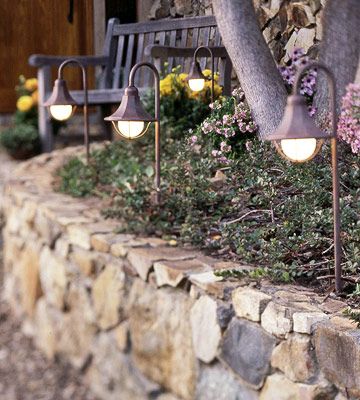 Low Voltage, High Impact      A string of low-voltage lighting is the perfect solution for brightening a shady bend along a walkway. It's a low-cost, easy, do-it-yourself solution for illuminating a path and highlighting plantings. Landscape Lights Diy, Low Voltage Outdoor Lighting, Diy Driveway, Solar Landscape Lighting, Landscape Lighting Design, Solar Landscape, Backyard Lighting, Solar Garden, Patio Lighting