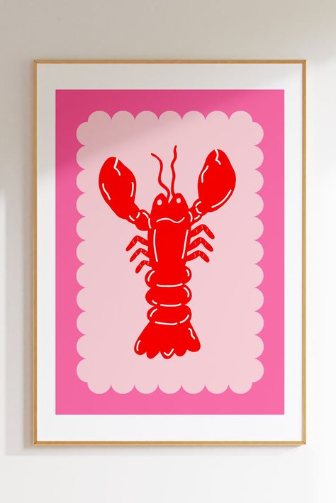 Lobster Print, Tea Towel Gift, Pink Art Print, Design Frame, Beach Shack, Red Lobster, Rose Orange, Wedding 2024, Palm Tree Print