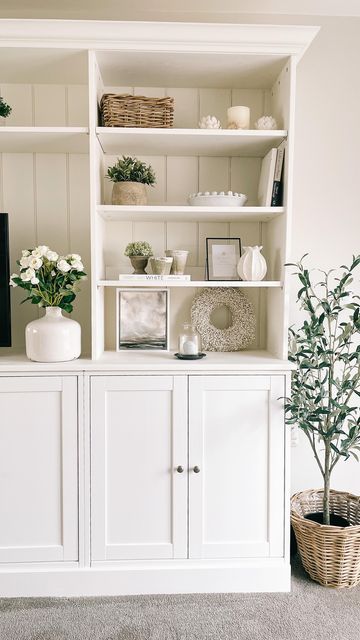 Ikea Tv Wall Unit, Built In Sideboard, Ikea Bookshelf Hack, Alcove Ideas Living Room, Living Room Units, Ikea Units, Ikea Built In, Built In Shelves Living Room, Tongue And Groove Panelling