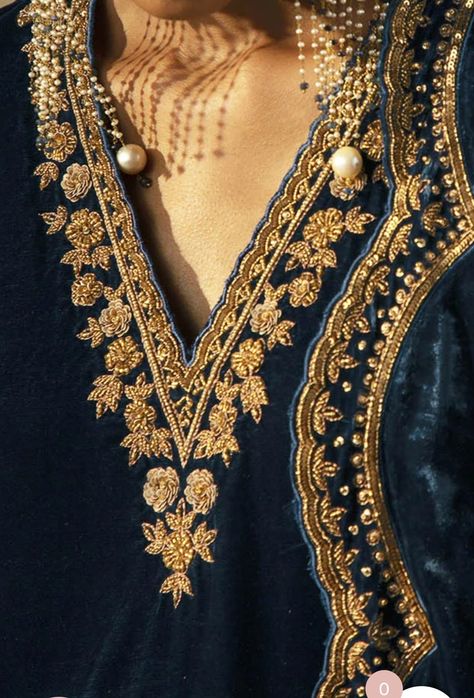 Zardosi Sleeve Design, Dabka Embroidery Neck Designs, V Neckline Embroidery Designs, Zardosi Embroidery Suits, Zardozi Embroidery Designs Pattern, Velvet Suit Design, Gold Work Embroidery, Velvet Dress Designs