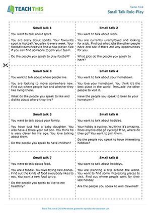 ESL Small Talk Role-Play - Reading, Writing, Listening and Speaking Activity - Intermediate (B1) - 45 minutes In this small talk role-play, students take on the role of people attending a school reunion and practice interacting with one another. Esl Reading Comprehension, Speaking Activities Esl, Speaking Activity, Esl Reading, Esl Teaching Resources, English Teaching Materials, Esl Activities, Esl Resources, Speaking Activities