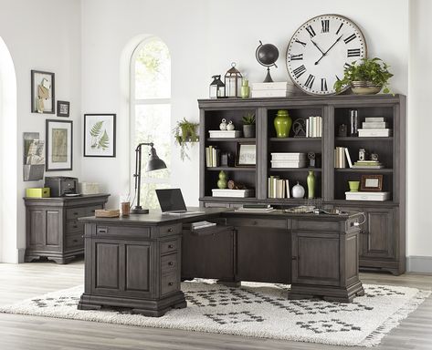 Home Office Black Furniture, Tudor Office, Professional Office Decorating Ideas For Work Interior Design, Executive Office Design Female, Turn Dining Room Into Office, Home Office Built In Cabinets, L Shaped Office Desk Ideas Layout, Cool Home Office Ideas For Men, Dream Office Luxury