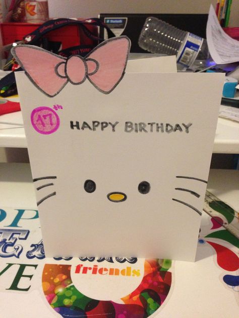 Here's my DIY birthday card for my cousin. Very simple, but I thought it was really cute. And yes, I know I put the bow on the wrong side-.-...oh well Birthday Card Ideas Hello Kitty, Really Cool Birthday Cards, Hello Kitty Birthday Card Ideas, Hello Kitty Card Ideas, Birthday Card For Cousin, Hello Kitty Birthday Cards Diy, Birthday Cards For Cousins, Hello Kitty Birthday Cards, Hello Kitty Birthday Card