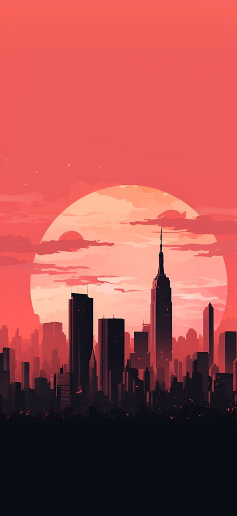 A minimalist aesthetic New York City skyline wallpaper with vibrant coral hues, creating a lively and contemporary backdrop for an iPhone or Android device. New York City Wallpaper, Minimalist Backgrounds, Nice Backgrounds, Aesthetic New York City, Wallpapers 4k Hd, New York Sunset, Aesthetic New York, Cityscape Wallpaper, Simplistic Wallpaper