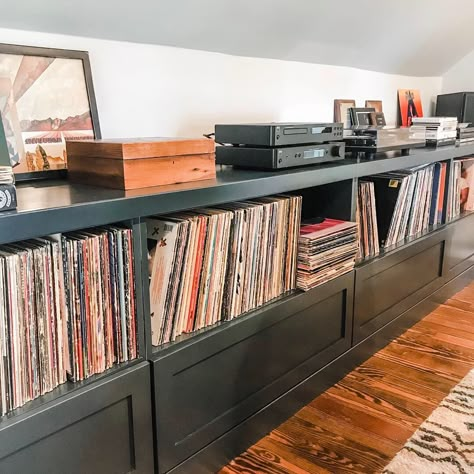 Built In Shelves For Vinyl Records, Built In Bookshelves Basement, Vinyl Built In, Vinyl Listening Area, Built In Stereo Cabinet Ideas, Built In Vinyl Record Storage, Record Listening Area, Built In Record Storage, Built In Record Player And Storage