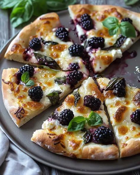 Blackberry, Basil & Ricotta Pizza Blackberry Ricotta Pizza, Blackberry Pizza, Blackberry Ricotta, Lobster Cream Sauce, Slow Cooker Chicken Marsala, Ricotta Pizza, Basil Pizza, Pizza Oven Recipes, Unique Pizza