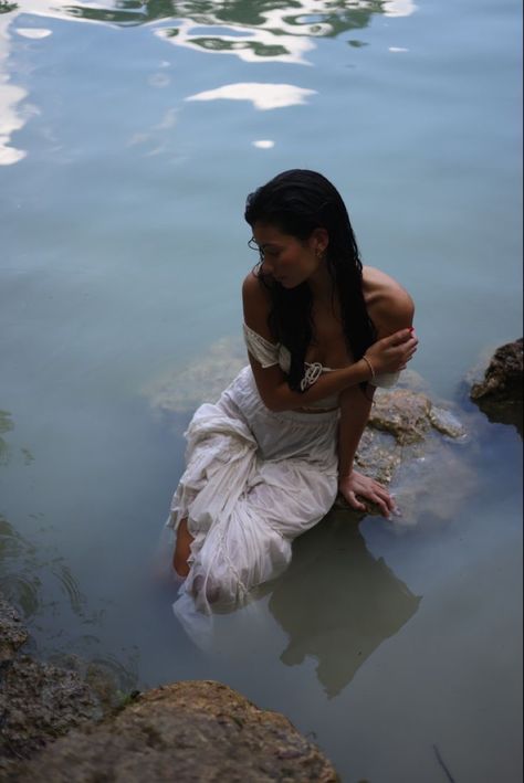 Lake Water Photoshoot, Dress In Water Photoshoot Aesthetic, Fairy Water Photoshoot, By The Water Photoshoot, Goddess Beach Photoshoot, White Dress Ocean Photoshoot, Ocean Woman Aesthetic, Tide Pool Photoshoot, Siren Inspired Photoshoot