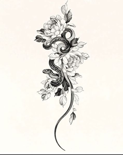 Back Flower Tattoo, Snake And Flowers Tattoo, Snake And Flowers, Flower Tat, Hip Thigh Tattoos, Tattoo Shoulder, Tattoo Back, Flower Tattoo Back, Snake Tattoo Design