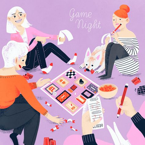 Game Night on Behance Sticker Inspiration, Personal Illustration, Board Game Night, Night Illustration, Board Game Design, Game Illustration, Illustration Art Girl, Game Pictures, Marker Art