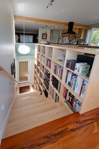 Staircase Built In Bookshelf, Cellar Organization, Stairs Bookshelves, Contemporary Staircase Design, Stair Bookshelf, Staircase Bookshelf, Staircase Shelves, Attic Library, Indoor Railing