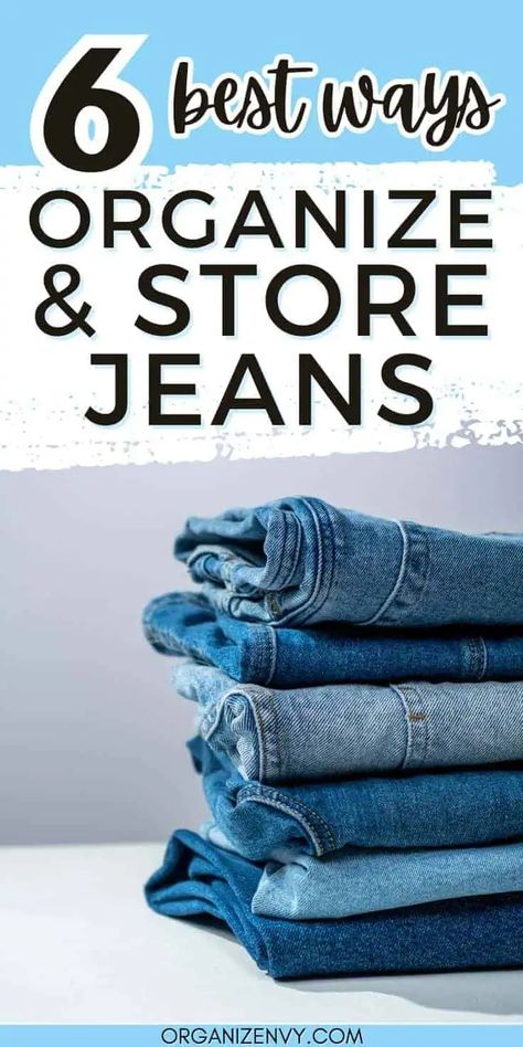 We love our jeans, but they can overtake our space! Learn the best ways to fold, hang and store your jeans in a dresser, closet or for travel & seasonal storage. Organize Jeans, How To Fold Jeans, Jean Organization, How To Fold Pants, Dresser Closet, Seasonal Storage, Pants Organization, Pant Storage, Folding Jeans