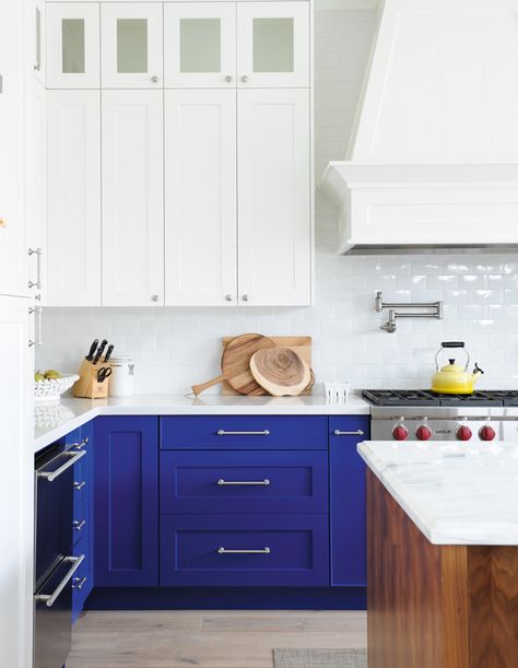 Discover The Most Coveted Kitchen Styles & How To Get The Look - House & Home Cobalt Kitchen Cabinets, Blue Kitchen Accents, Cobalt Blue Kitchen, Cobalt Kitchen, Kitchen Cabinet Colours, Blue Kitchen Appliances, Cobalt Blue Kitchens, Kitchen Open Concept, Kitchen Slab