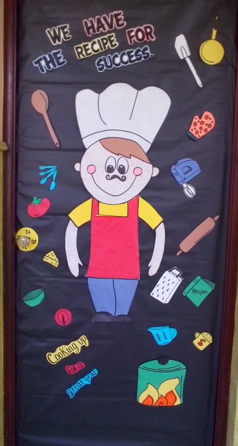 We have the recipe for success. Classroom doors. Decoration for class. Cooking for a great year #chefs #kidschef #learning #classroom doors Cooking Day Preschool, Lunch Room Door Decorations, School Kitchen Door Decoration, Food Door Decorations Classroom, Cooking Class Decoration Ideas, Lunch Room Decorations School, Food Theme Classroom Decorations, Classroom Kitchen Ideas, Cafeteria Door Decoration Ideas