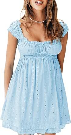 Women Eyelet Dress Ruffle Lace Strap Square Neck Frill Bust High Waist Babydoll Short Dress A-Line Sundress Dirndl Outfit, Marine Uniform, Dress Slim, Mini Robes, Backless Mini Dress, Mini Dresses For Women, Dresses Backless, Mini Dresses Summer, Mini Dress With Sleeves