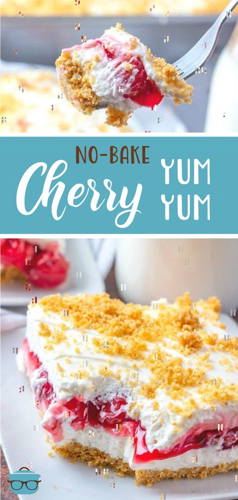 No Bake Yum Yum Dessert, Cherry Desserts Cream Cheese, Cream Cheese Pie Filling Recipe, Cherry No Bake Dessert, Yum Yum Dessert Graham Crackers, Desserts Using Cherry Pie Filling, Cream Cheese And Whipped Cream Desserts, Cherry Lasagna Dessert, Can Cherry Recipes