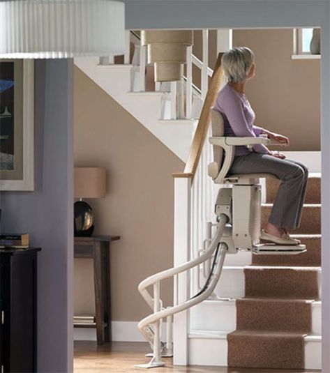 Curved Stair Lift, Platform Lift, Stairway Lifts and Straight Stair Lifts Domestic Elevator, Adaptive Devices, Home Elevators, Curved Railing, Stair Plan, Straight Stairs, Home Elevator, Home Lift, Types Of Stairs