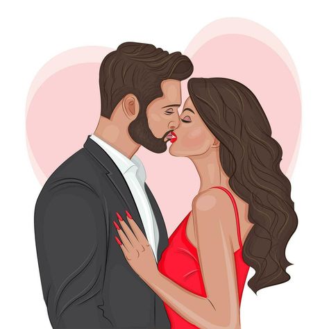 Beautiful loving couple kissing on valentine's day trendy stylish vector illustrations Tuxedo Fashion, Man With Beard, Passionate Couples, Woman In Red, Couple Kissing, Men Kissing, Kissing Couples, Vector Illustrations, Love Couple