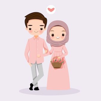 Premium Vector | Cute muslim bride and groom cartoon for wedding card Bride And Groom Cartoon, Wedding Couple Cartoon, Fesyen Islam, Tutorial Hijab, Muslim Couple, Islamic Cartoon, Anime Muslim, Whatsapp Dp Images, Hijab Cartoon