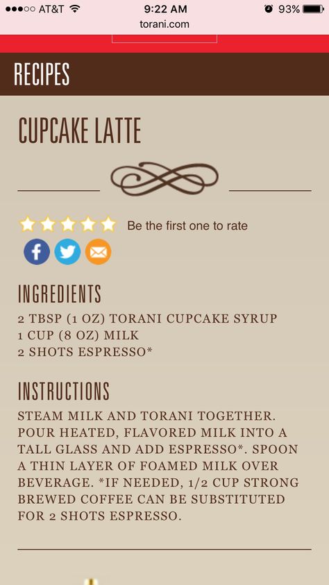 Torani Cupcake Syrup Recipe, Torani Syrup Recipes Drinks Iced Coffee, Torani Syrup Recipes, Espresso Drink Recipes, Diy Coffee Drinks, Nespresso Recipes, Cold Coffee Recipes, Coffee Trailer, Fancy Coffee