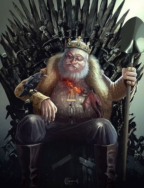 Portrait of #GeorgeRRMartin sat upon The Iron Throne #asoiaf #GameOfThrones #Awesome piece of Artwork! (553×720) I imagine the spade is for burying the characters he kills off! lol #got #agot #asoiaf Got Fanart, The Iron Throne, Game Of Thrones Artwork, George R R Martin, George Rr Martin, Who Is Next, Asoiaf Art, Song Of Ice And Fire, Got Memes