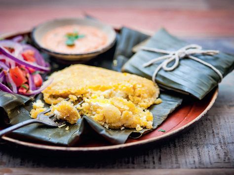 Peruvian Tamales de Queso, SeriousEats (fresh corn, butter, amarillo chili paste [link to recipe], garlic, egg yolks, corn husks, cream cheese/queso fresco, red onion, tomatoes, chiles and bell peppers, lime juice, oil, cilantro) Tamale Filling, Habanero Chili, Dried Corn, Queso Cheese, Spicy Salsa, Peruvian Recipes, Fresh Corn, Authentic Recipes, Dough Recipe