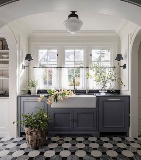 1930s kitchen • Instagram Cute Country Kitchen, Luxe Magazine, Entryway Flooring, Cute Country, Vintage Inspired Decor, Butler's Pantry, Kitchen Floor Tile, Arched Windows, Interior Design Firms