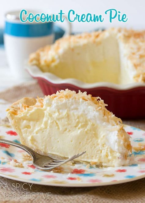 Coconut Cream Pie Recipe: Fluffy and outrageously addictive this pie is hard to beat. Its luxurious texture and coconut crust make it the winner on any table!#ASpicyPerspective #CoconutCream #CoconutCreamPie #CoconutCreamPieRecipe #Coconut #Cream #Pie #Summer #Dessert Coconut Cream Pie Easy, Dessert Crepes, Coconut Cream Recipes, Coconut Cream Pie Recipes, A Spicy Perspective, Coconut Pie, Cream Pie Recipes, Desserts Vegan, Coconut Cream Pie