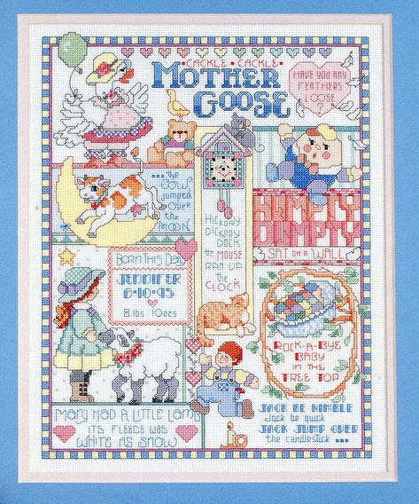 Mother Goose Birth Record - PDF Cross Stitch Baby Patterns, Jack Be Nimble, Welcome Baby Signs, Charlotte Baby, Birth Announcement Cross, Birth Sampler, Rock A Bye Baby, Grandmothers Love, Birth Records