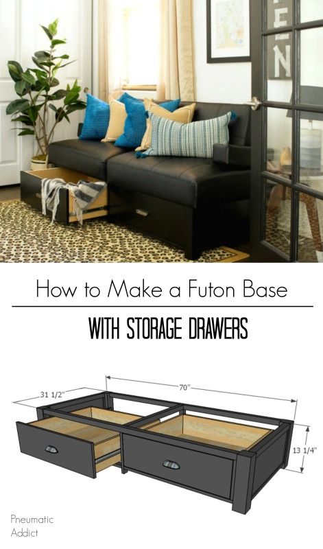 How to give your futon a major upgrade by building a custom wood base with storage drawers Futon Makeover, Woodworking Decor, Diy Futon, Futon Living Room, Futon Decor, Futon Bedroom, Murphy Bed Plans, Futon Frame, Bedroom Redo