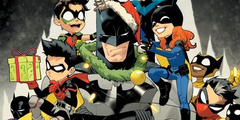 A holiday card variant turns Batman into the DC Universe’s most festive hero as the Bat-Family shares the Christmas spirit by decorating him. Dan Mora Red Hood, Damian Wayne Christmas, Batfamily Christmas, Dan Mora Robin, Batman Dan Mora, Dan Mora Batman, Bat Family Members, Dan Mora, Batman & Robin