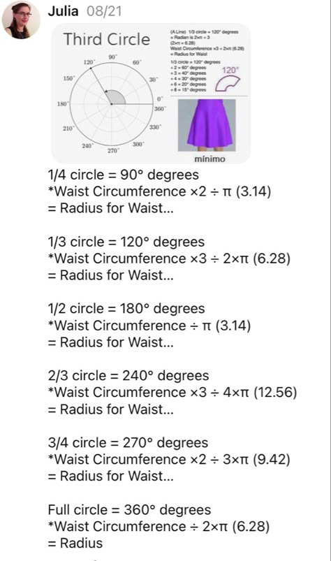 #DIY Circle Skirt Maths Formulas: … *1/4 Circle Skirt = 90°……*1/3 Circle Skirt = 120°……*1/2 Circle Skirt = 180°……* 2/3 Circle Skirt = 240°……*3/4 Circle Skirt = 270°……* Full Circle Skirt = 360°…… Full Circle Skirt Pattern, 720 Degree Circle Skirt, Semi Circle Skirt Pattern, 1/4 Circle Skirt, Circle Skirt Radius Chart, 360 Circle Skirt Pattern, 3/4 Circle Skirt, Beginner Sewing Projects Learning, Circle Skirt Calculator