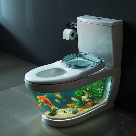 Introducing the AquariLoo: a toilet with an integrated aquarium that brings an aquatic paradise to your bathroom. This innovative design features a clear glass tank with LED lighting and a filtration system, creating a serene and unique experience. The AquariLoo combines functionality with natural beauty, making it a standout addition to any bathroom. Conceptual AI Art Follow @ecosapiens for more! Led Toilet, Fake Fish Tank, Frutiger Aero, Fantasy Decor, House Construction Plan, Toilet Design, Small Backyard Landscaping, Barndominium, Innovative Design