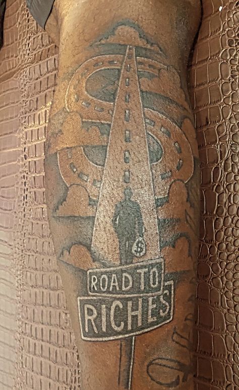 Road To Riches Tattoo Stencil, Road To Riches Tattoo For Men, Road To Riches Tattoo Design, Road 2 Riches Tattoo, Brick Tattoo, Brick Tattoo For Men, Trap House Tattoo, Road To Riches Tattoo, Hood Tattoos