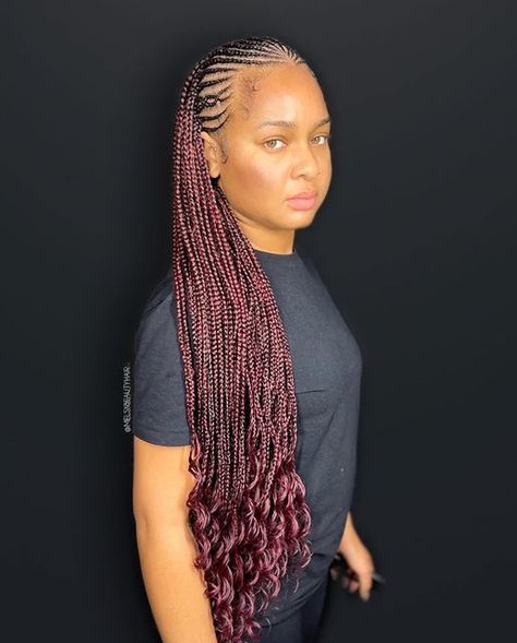 Fulani Braids With Criss Cross, Burgundy Stitch Braids, Burgundy Fulani Braids With Curls, Burgundy Cornrows, Crossover Fulani Braids, Black And Burgandy Braids, African Tops For Women, Girl Hair Colors, Braid Inspiration