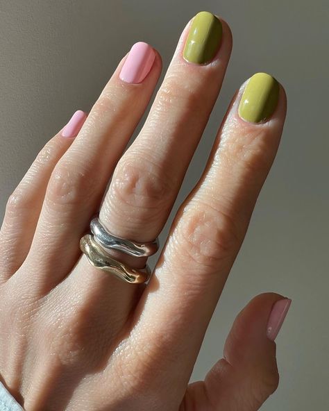 27 Colourful Nail Designs I'm Saving for My Next Manicure | Who What Wear UK 2 Color Manicure, Cute Color Combos For Nails, Pink And Green Gel Nails, Different Colour Nails On Each Hand, Multi Color Fall Nails, Nail Colour Combos, Two Colour Nails, Two Different Colored Nails, Nails Two Colors