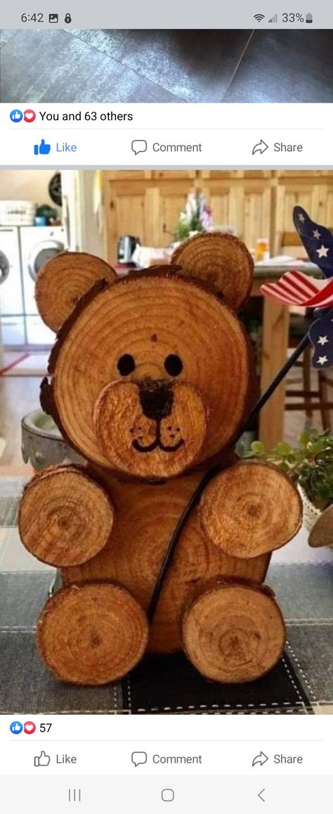 Wooden Christmas Bears, Tree Stump Crafts Wood Slices, Wood Crafts From Tree Logs, Wood Slice Animals, Wood Bear Crafts, Diy Bear Decor, Round Wood Slices Ideas, Wood Slabs Ideas Tree Slices, Log Crafts Diy