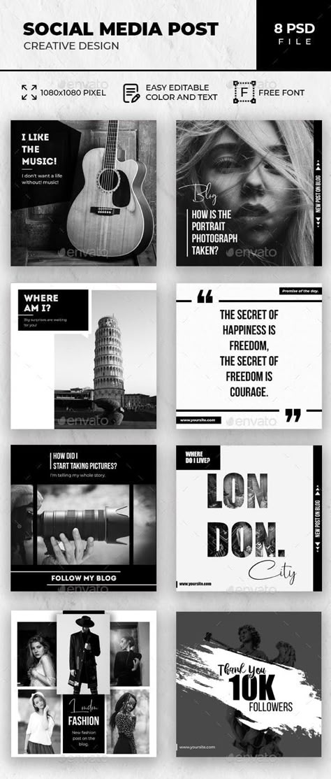 #Instagram #Social Media Pack - Social Media #Web Elements Black And White Social Media Template, Black White Social Media Design, Instagram News Post Design, Black And White Social Media Design, News Social Media Post, News Social Media Design, Social Media Black And White, White Topography, Black And White Social Media