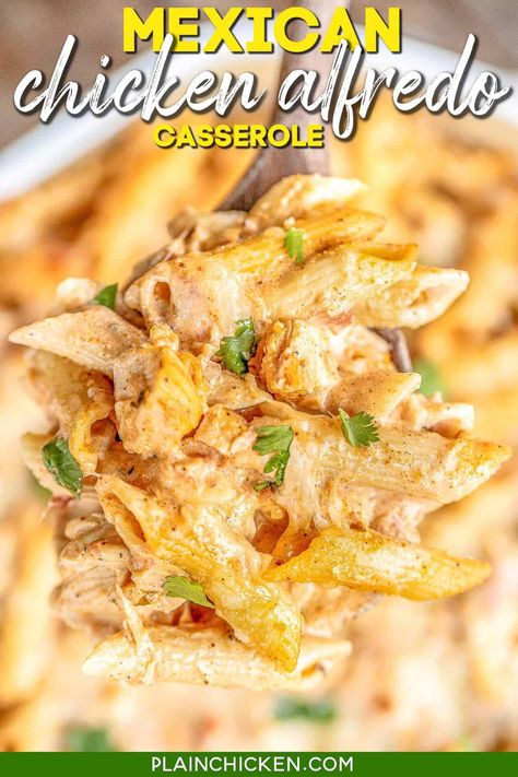 Mexican Chicken Alfredo Casserole - Chicken, pasta, Alfredo sauce, taco seasoning, salsa, onion, ricotta cheese, and parmesan cheese. Great make-ahead meal! Mexican Chicken Alfredo, Pasta Alfredo Sauce, Alfredo Casserole, Chicken Alfredo Casserole, Mexican Chicken Casserole, Pasta Alfredo, Main Dish Casseroles, Chicken Alfredo Pasta, Plain Chicken