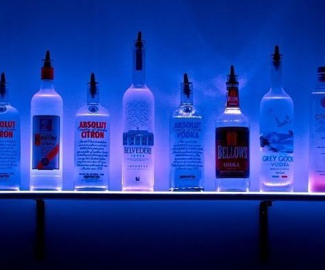 Light Up Liquor Shelf Liquor Shelves, Liquor Shelf, Bar Shelves, Bar Shelf, Everything Is Blue, Blue Lighting, Bottle Display, Alcohol Aesthetic, Living Room Bar