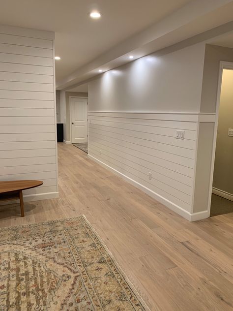 Family Basement Finish - Scandinavian - Basement - Denver - by Graham & McCormack Design LLC | Houzz Light And Bright Basement Ideas, All White Basement, White Basement Floor, White Walls Basement, Finished Basement Flooring Ideas, Finished Basement Flooring, Brighten Up Basement, Scandinavian Basement, Basement Floor Ideas