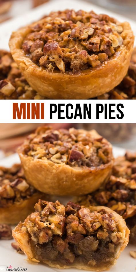 These Mini Pecan Pies are a fun take on a classic, they are a real crowd-pleaser at any event where people might expect a pie (like Thanksgiving, or Christmas or Easter, or just a random Sunday night.) This Pecan version is sweet and crunchy and full of yummy buttery caramel goodness just like a good Pecan Pie should be. Pin this yummy Thanksgiving Pie recipe for later and follow us for more delicious pie recipes. Mini Pecan Pies Graham Cracker Crust, Miniature Pecan Pies, Small Pecan Pie Recipe, Pecan Pie Tarts Mini, Mini Pies Thanksgiving, Small Pecan Pies, Dairy Free Pecan Pie, Mini Pecan Pie Recipes, Mini Apple Pie Recipe