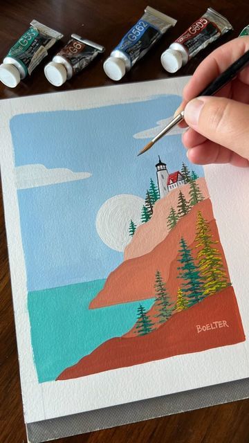 National Parks Painting Easy, Acadia National Park Painting, Gouache Ideas Easy, Guache Paintings Easy, Gouache Painting Easy, Easy Gouache Painting Ideas, Guache Illustration, Illustrative Painting, Gouache Painting Ideas