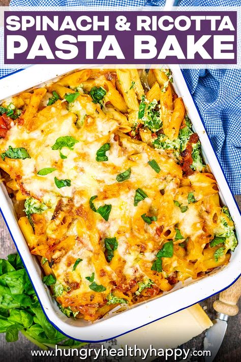 Creamy ricotta and a generous serving of spinach mixed in to pasta with an easy homemade tomato sauce, this Spinach and Ricotta Pasta Bake is ready in under 30 minutes, and total comfort food. It's cheesy and indulgent, but a great way to get some more greens in your diet. If you love spinach and ricotta cannelloni or stuffed shells, but find it too much effort, then this is the dish for you. It tastes the same, but much easier. Spinach And Ricotta Pasta Bake, Spinach And Ricotta Pasta, Easy Homemade Tomato Sauce, Spinach And Ricotta Cannelloni, Pasta Receipes, Ricotta Pasta Bake, Spinach Ricotta Pasta, Ricotta Cannelloni, Veggie Ideas